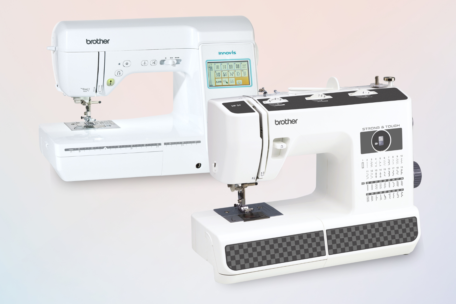 Two Brother sewing machines on display, showcasing innovative features and stylish designs.