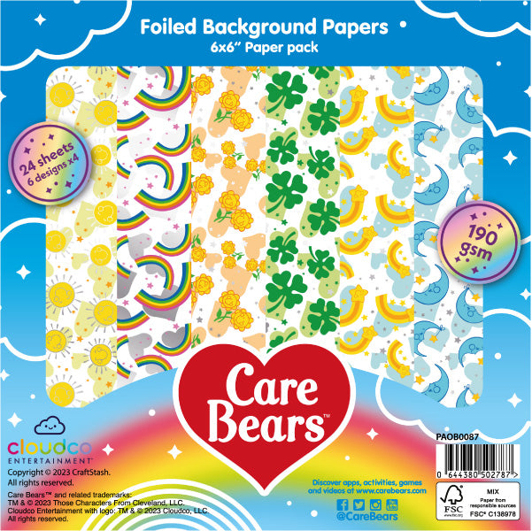 Care Bears 6in x 6in Foiled Paper Pack Background Patterns 190gsm | 24 Sheets