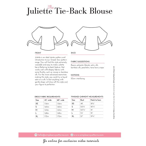 Digital Download | Simple Sew Juliette Tie-Back Blouse Top Sewing Pattern