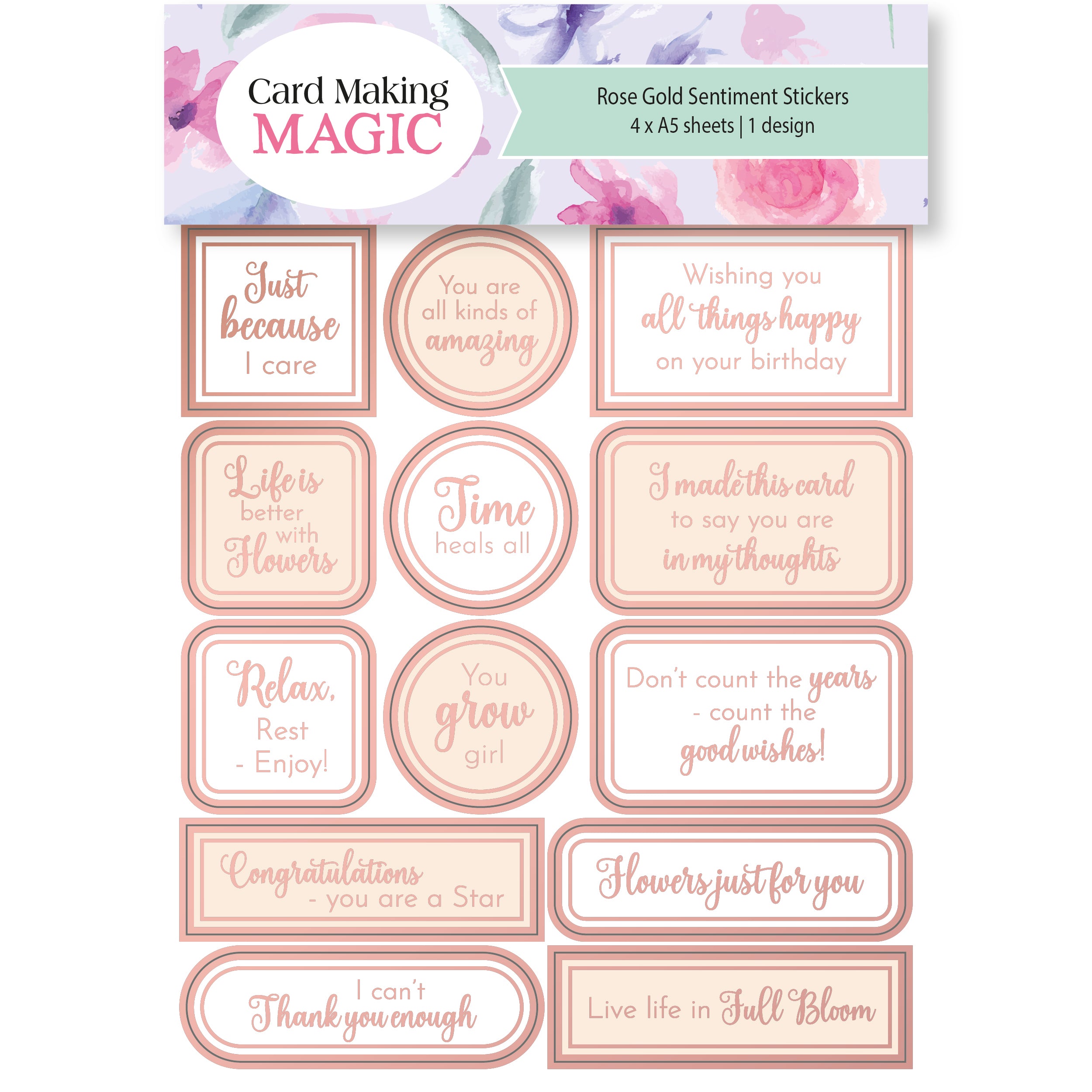 Card Making Magic A5 Sticker Sheets Bouquet In Bloom Rose Gold Sentiments | 4 Sheets