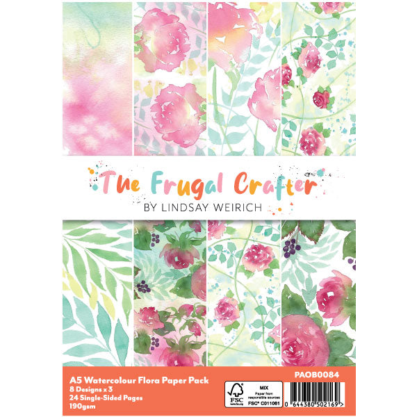 Frugal Crafter A5 Paper Pack Watercolour Flora and Fauna by Lindsay Weirich 190gsm| 24 Sheets