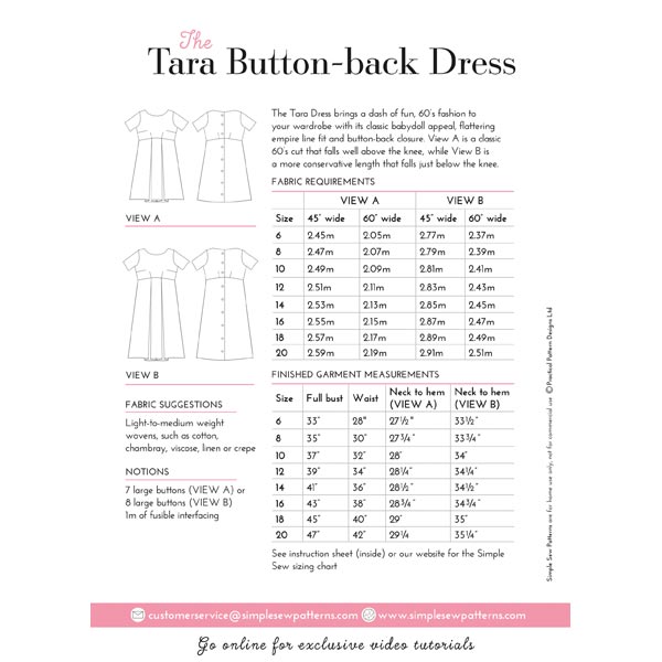Digital Download | Simple Sew Tara Button-Back Dress Sewing Pattern
