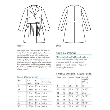 Check Pattern To Download Digital Download | Simple Sew Trench Coat Pattern – Craftworld