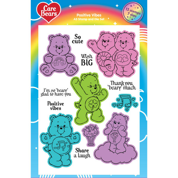Care Bears Die and A5 Stamp Set Positive Vibes | Rainbows & Clouds